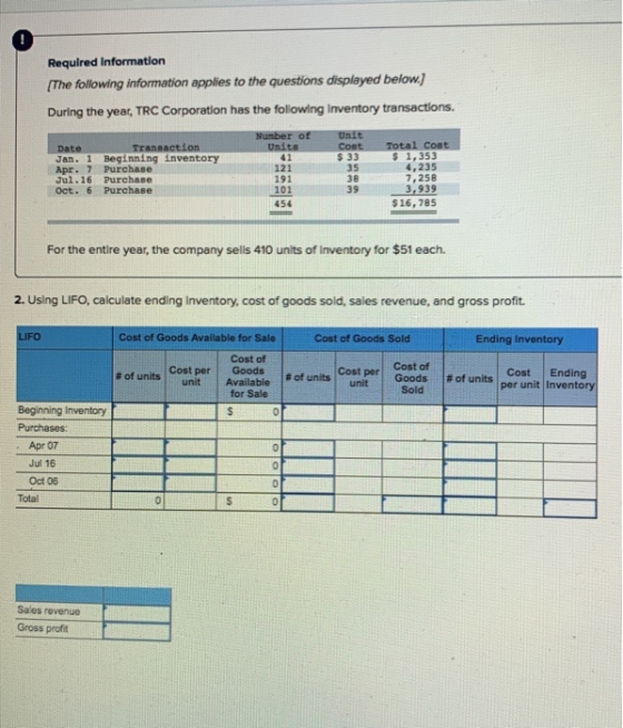 Required Information (The following information applies to the questions displayed below.) During the year, TRC Corporation h