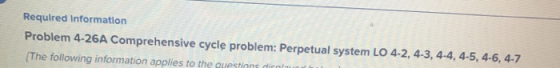 Required Information Problem 4-26A Comprehensive cycle problem: Perpetual system LO 4-2, 4-3,4-4, 4-5, 4-6, 4-7 The foll f or