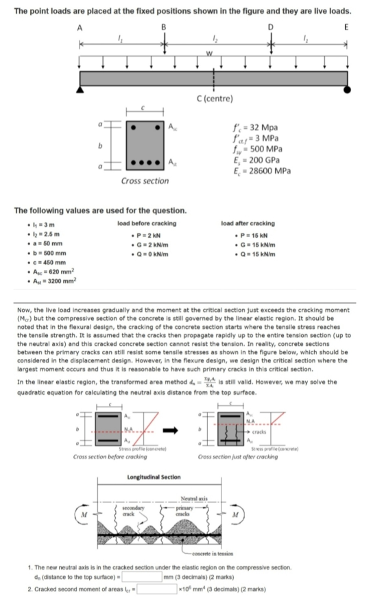 The point loads are placed at the fixed positions shown in the figure and they are live loads. A B D E k w C (centre) a b f