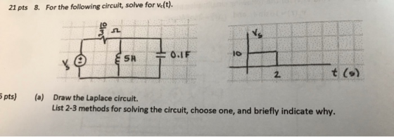 For the following circuit, solve for ve(t). 21 pts 8. 10 0.IF E SH t (o) 2. S pts) (a) Draw the Laplace circuit. List 2-3 met