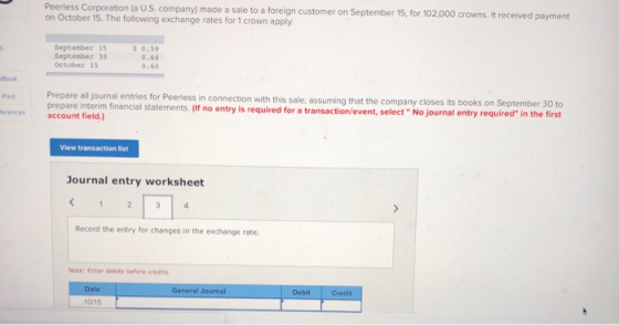 Peerless Corporation (a U.S. company) made a sale to a foreign customer on September 15, for 102,000 crowns. It received paym