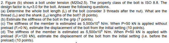 2. Figure (b) shows a bolt under tension (M20x2.5). The property class of the bolt is ISO 8.8. The design factor is na=3.0 fo