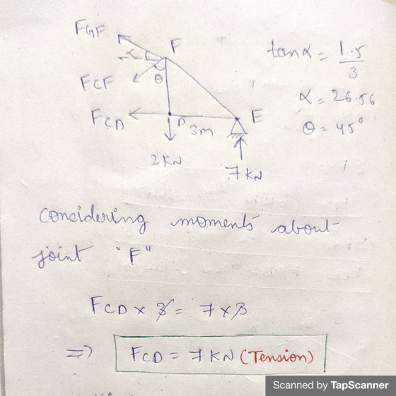 r tana, lis 3 x 26.56 FCF L Feok E 1 3m 7 KN Considering moments about joint F FCDX 7= 7X8 = FCDF 7 KN (Tension) Scanned by
