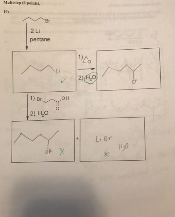 Multistep (6 points). Br 2 Li pentane 1) Br 2) H20 OA 2) H2O L Br H30