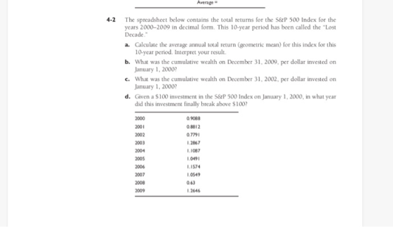 Average 4-2 The spreadsheet below contains the total returns for the S&P 500 Index for the years 2000-2009 in decimal form. T