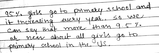 95% girls go to primary school and it increasing every year, so we can say that more than 9.5 %. or near about all girls go t