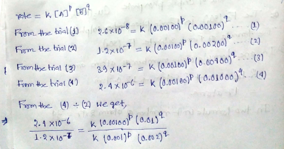 pole = k [A] [879 yig From the trial (1) 119.6x10-8-K (0.00100)| (0.00100)?.. (1) From the trial (2) 1.2410-7 _K (0.00109 (0.