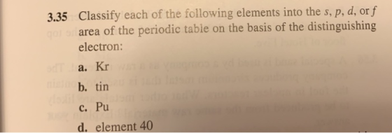 3.35 Classify each of the following elements into the s, p, d, or f area of the periodic table on the basis of the distinguis