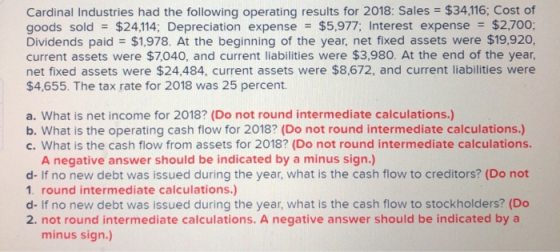 Cardinal Industries had the following operating results for 2018: Sales = $34,116; Cost of goods sold = $24,114; Depreciation