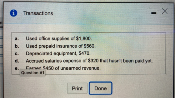 i Transactions - . x n a. Used office supplies of $1,800. b. Used prepaid insurance of $560. C. Depreciated equipment, $470.