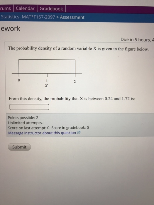 rums Calendar Gradebook Statistics- MAT F167-2097> Assessment ework Due in 5 hours, 4 The probability density of a random variable X is given in the figure below. From this density, the probability that X is between 0.24 and 1.72 is: IS: Points possible: 2 Unlimited attempts. Score on last attempt: 0. Score in gradebook: 0 Message instructor about this question Submit