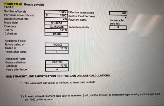 PROBLEM #1: Bonds payable FACTS: Number of bonds Par value of each bond Stated interest rate Issue date Due date Call % Calle
