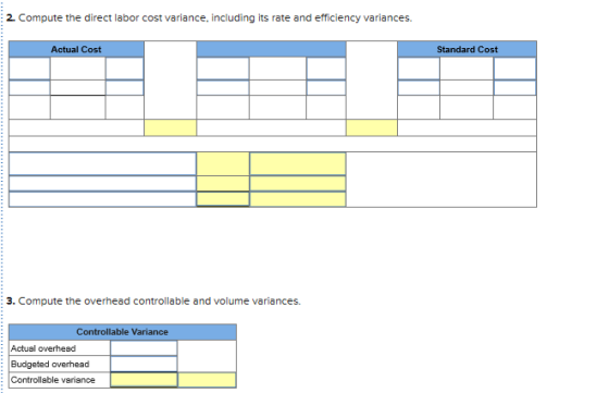 2. Compute the direct labor cost variance, including its rate and efficiency variances. Actual Cost Standard Cost 3. Compute