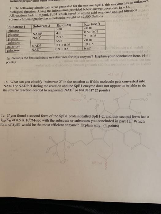 included proper units when HLLL 1. The following kinetic data were generated for the enzyme SpB1, this enzyme has an unknown