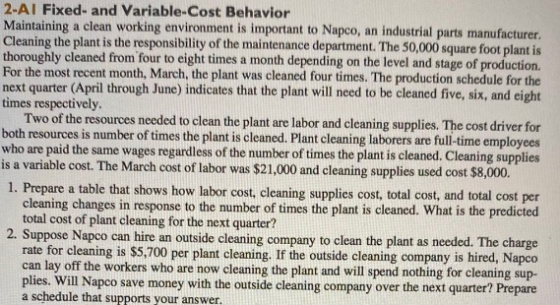 2-AI Fixed- and Variable-Cost Behavior Maintaining a clean working environment is important to Napco, an industrial parts man