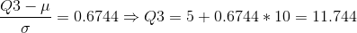 \frac{Q3-\mu}{\sigma}=0.6744\Rightarrow Q3=5+0.6744*10 = 11.744