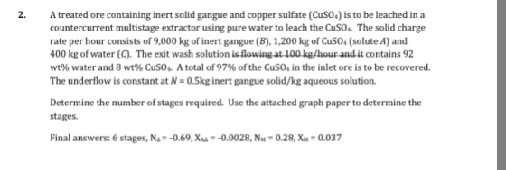2. A treated ore containing inert solid gangue and copper sulfate (CuSO4) is to be leached in a countercurrent multistage extractor using pure water to leach the CuSo The solid charge rate per hour consists of 9,000 kg of inert gangue (B), 1,200 kg of CuSOs (solute A) and 400 kg of water (C). The exit wash solution is flowing at 100 kg/hour and it contains 92 wt% water and 8 wt% Cuso.. A total of 97% of the Cuso, in the inlet ore is to be recovered. The underflow is constant at N- 0.5kg inert gangue solid/kg aqueous solution Determine the number of stages required. Use the attached graph paper to determine the stages. Final answers: 6 stages, N.--0.69, Xu-.0.0028, N-0.28%,-0.037