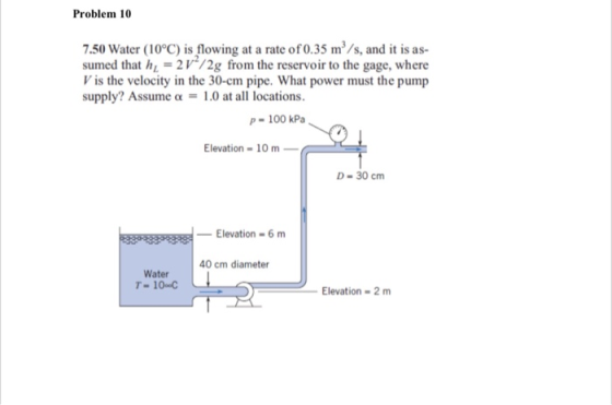 Problem 10 7.50 Water (10°C) is flowing at a rate of 0.35 m/s, and it is as- sumed that h1 = 2 V/2g from the reservoir to th