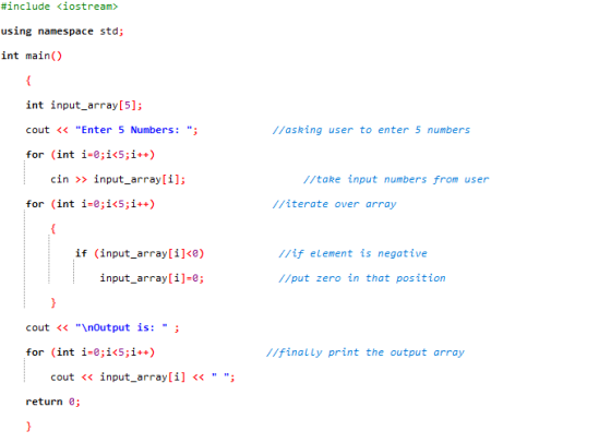 #include <iostream> using namespace std; int main() { int input_array[5]; cout << Enter 5 Numbers: ; //asking user to enter