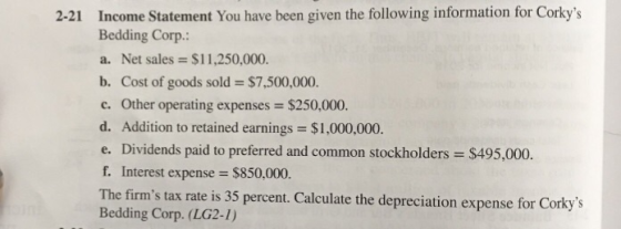 Income Statement You have been given the following information for Corkys Bedding Corp.: a. Net sales $11,250,000. b. Cost of goods sold $7,500,000. C. Other operating expenses = $250,000. d. Addition to retained earnings = $1,000,000. e. Dividends paid to preferred and common stockholders $495,000. f. Interest expense = $850,000. The firms tax rate is 35 percent. Calculate the depreciation expense for Bedding Corp. (LG2-1) 2-21