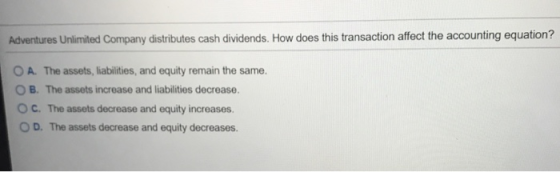 Adventures Unlimited Company distributes cash dividends. How does this transaction affect the accounting equation? OA. The as