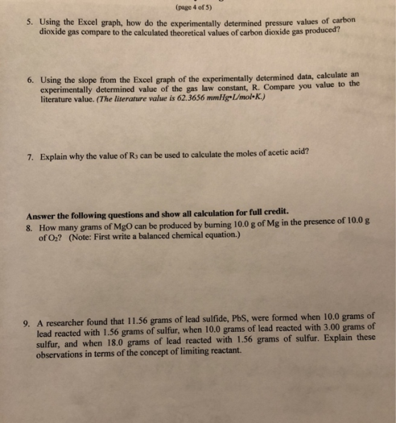 (page 4 of 5) 5. Using the Excel graph, how do the experimentally determined pressure value values of carbon dioxide gas comp