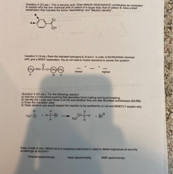 Question 2 (25 pts.) This is benzoic acid. Draw MINOR RESONANCE contributors as necessary to explain why the nmr chemical shi