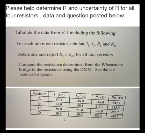Please help determine R and uncertainty of R for all four resistors , data and question posted below. Tabulate the data from