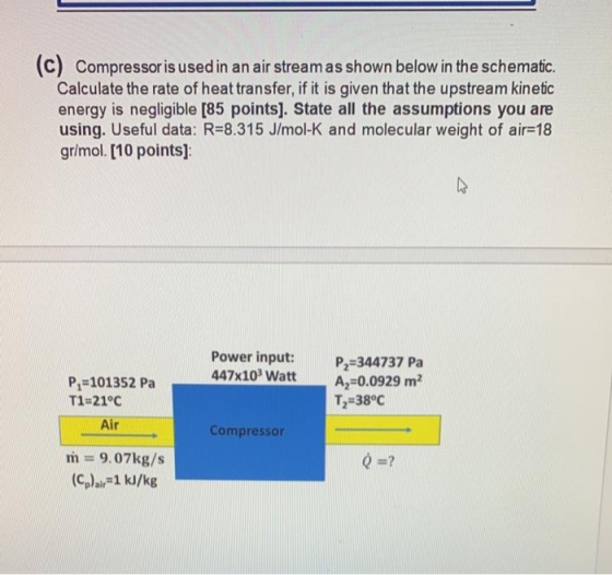 (C) Compressor is used in an air stream as shown below in the schematic. Calculate the rate of heat transfer, if it is given