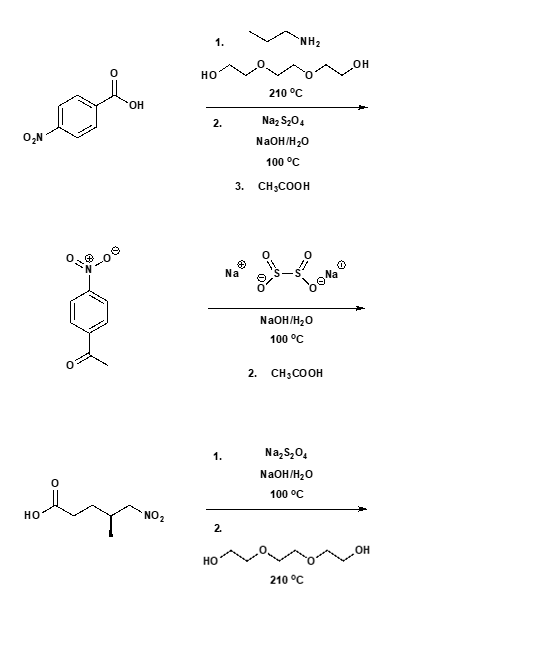 NH2 1. OH но 210 °C OH Na2 S204 2. 02N NaOH/H20 100 °C 3. CH3COOH Na NaOH/H20 100 °C 2. CH3COOH Na2S,04 1. NaOH/H20 100 oC NO