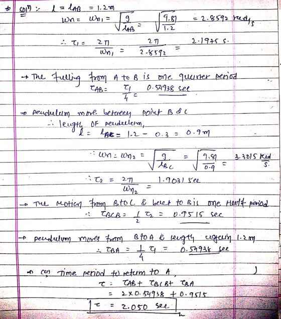 SD1 La laß = 1,2m wna Whis g LAB 9.82 1.2 = 2.8592 radys 2. Ta 르페 2.1975 s. 271 2.8592 Wn- at The fulling from A to B is one