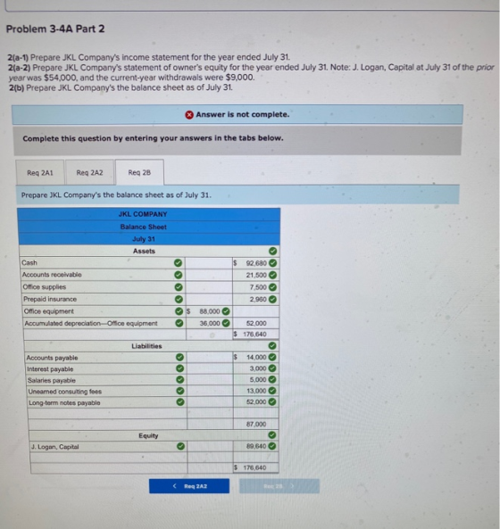 Problem 3-4A Part 2 2(a-1) Prepare JKL Companys income statement for the year ended July 31. 2(a-2) Prepare JKL Companys st