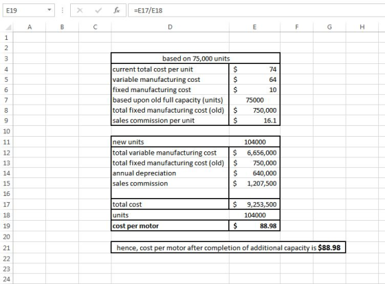 E19 Xf-E17/E18 based on 75,000 units current total cost per unit variable manufacturing cost fixed manufacturing cost based upon old full capacity (units)75000 total fixed manufacturing cost (old) $750,000 sales commission per unit 4 74 10 9 16.1 10 new units total variable manufacturing cost 6,656,000 total fixed manufacturing cost (old) $750,000 annual depreciation sales commission 104000 13 14 15 16 17 18 $640,000 $ 1,207,500 $ 9,253,500 total cost units cost per motor 104000 88.98 21 hence, cost per motor after completion of additional capacity is $88.98 23