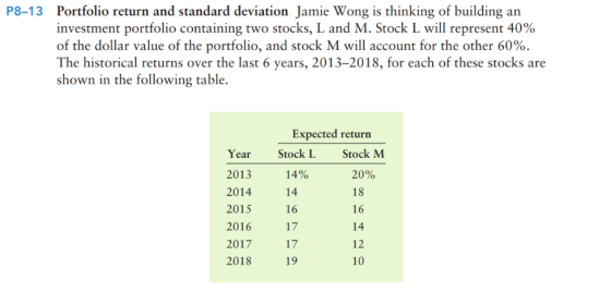 Portfolio return and standard deviation Jamie Wong is thinking of building an investment portfolio containing two stocks, L and M. Stock L will represent 40% of the dollar value of the portfolio, and stock M will account for the other 60%. The historical returns over the last 6 years, 2013-2018, for each of these stocks are shown in the following table. P8-13 Expected return Year Stock L Stock M 2013 2014 2015 2016 2017 2018 14% 14 16 17 17 19 20% 18 16 14 12 10