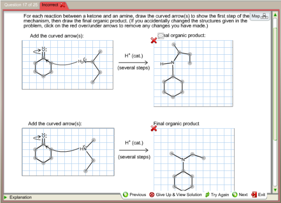 Image for For each reaction between a ketone and an amine, draw the curved arrow(s) to show the first step of the mechan