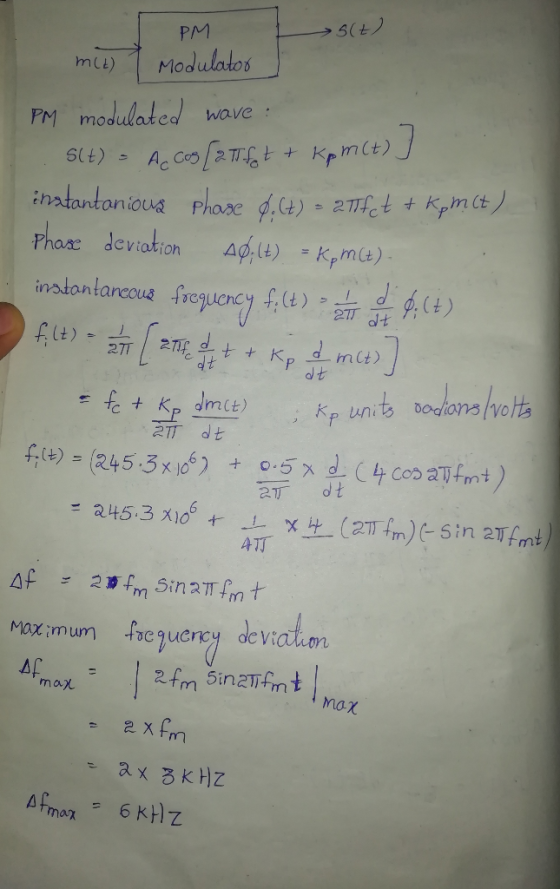 PM >5lt m(t) 1 Modulator PM modulated wave : 51t) - Accoo 2TT.ft + kpmct) ] instantanious phase 9.() = 277fct + Kymct) Phax d