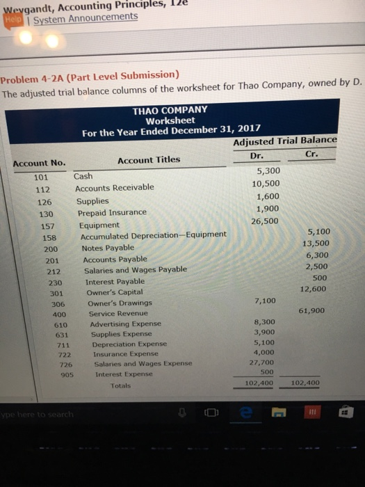 Wevgandt, Accounting Principles, Ile Help System Announcements Problem 4-2A (Part Level Submission) The adjusted trial balanc