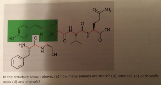 CH E H CH . In the structure shown above, (a) how many amides are there? (b) amines? (c) carboxylic acids (d) and phenols?