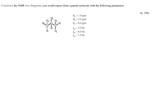 Construct the NMR tree diagrams you would expect from a partial molecule with the following parameters. et, IH) H = 1.0 ppm H