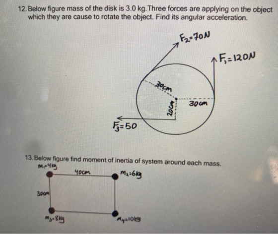 12. Below figure mass of the disk is 3.0 kg.Three forces are applying on the object which they are cause to rotate the object