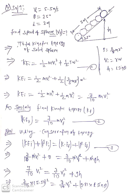 OG 3M 3m Elvidas no V; osoja Viz 5.5m/s 8= 250 d = 3m find speed of Sphere (VA)=? NE To fall kinefore energy 7 of solid spher