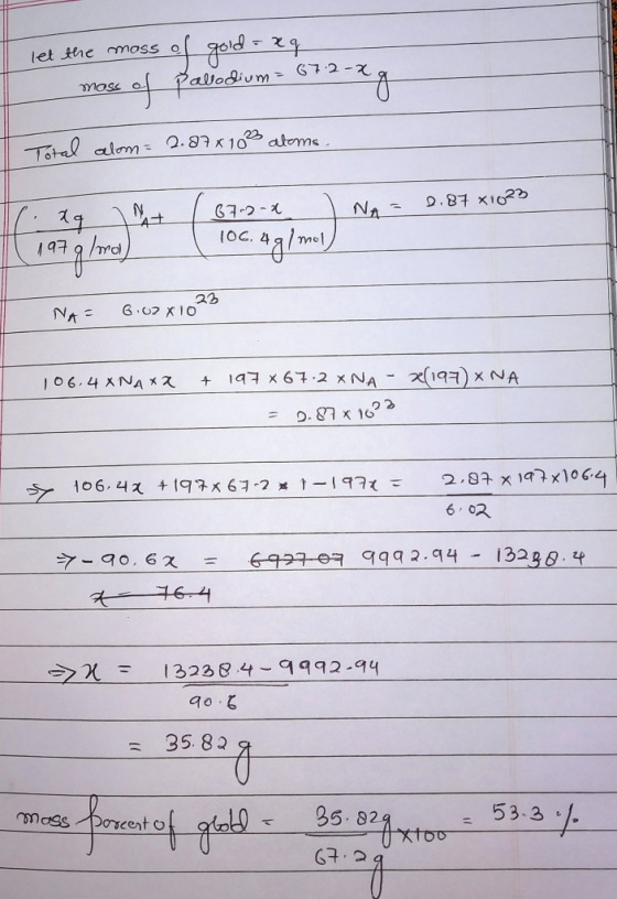 let the moss of gold =24 mose of Paliodium 672-4A Total alom = 2.8781023 atoms 67-2-4 = D.87 X1023 , na 197 g/mol 106.4g/ml)