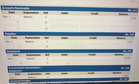 -11 Accounts Receivable Date Explanation Nov. 1 Balance Debit Ref ✓ Credit No. 112 Balance 3,570 11 31 Supplies Date Nov. 1 R