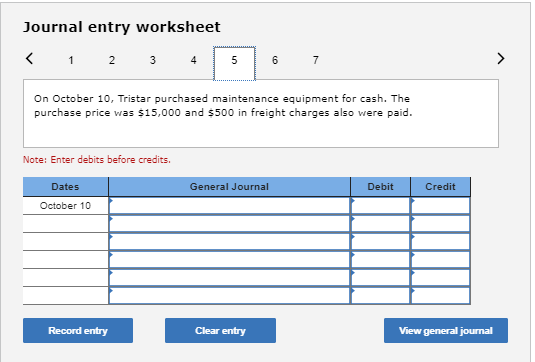 Journal entry worksheet < 1 2 3 4 6 7 On October 10, Tristar purchased maintenance equipment for cash. The purchase price was