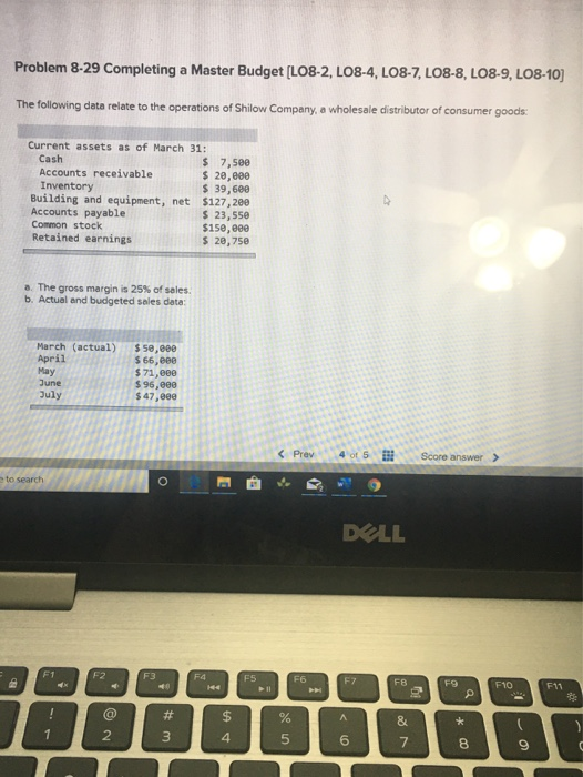Problem 8-29 Completing a Master Budget (LO8-2, LO8-4, LO8-7, LO8-8, LO8-9, L08-10) The following data relate to the operatio