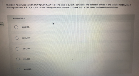 Riverboat Adventures pays $520,000 plus $18,000 in closing costs to buy out a competitor. The real estate consists of land ap