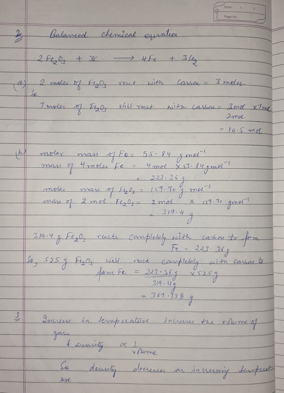 Date / Page No. Balanced chemical equation 2 FLO + 3 ure + 3 Log 2 moles of Flul react with causal - 3 moles I moles of Fyly