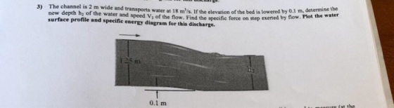 and transports water at 18 ms. If the elevation of the bed is lowered by 0.1 m, determine the exerted by flow. Plot the water new depth h2 of the water and speed V2 of the flow. Find the specific force on step surface profile and specifie energy diagram for this discharge. asi 0.1 m