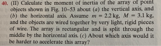 40. (II) Calculate the moment of inertia of the array of point objects shown in Fig. 10-53 about (a) the vertical axis, and (