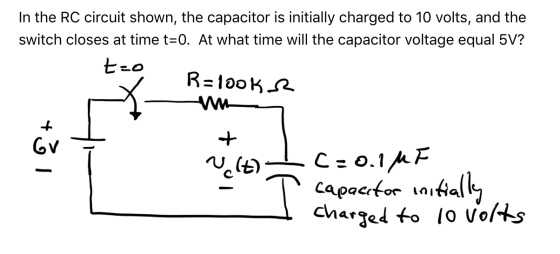 In the RC circuit shown, the capacitor is initially charged to 10 volts, and the switch closes at time t=0. At what time will